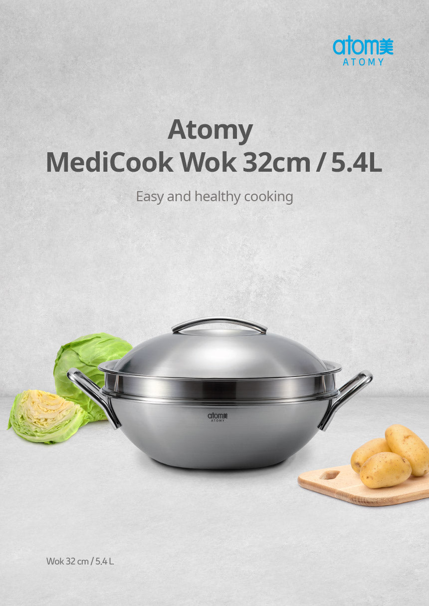Atomy Medi-Cook Ceramic Wok – 32 cm / 5.4 L (Includes Steamer & Frying Rack)