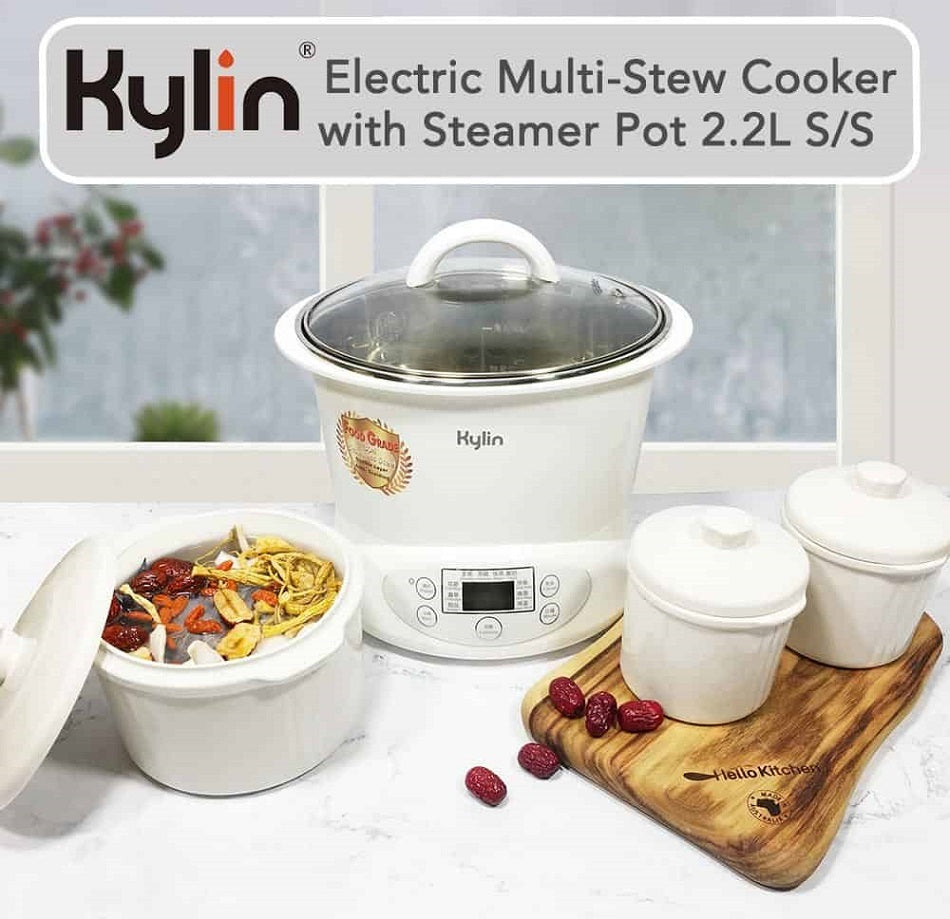 Kylin Electric Slow Cooker Stainless Steel Ceramic Pot Steamer 2.2L AU-K1022