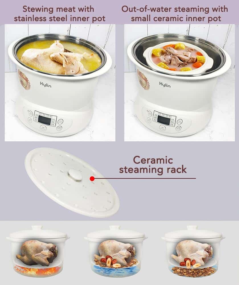 Kylin Electric Slow Cooker Stainless Steel Ceramic Pot Steamer 2.2L AU-K1022